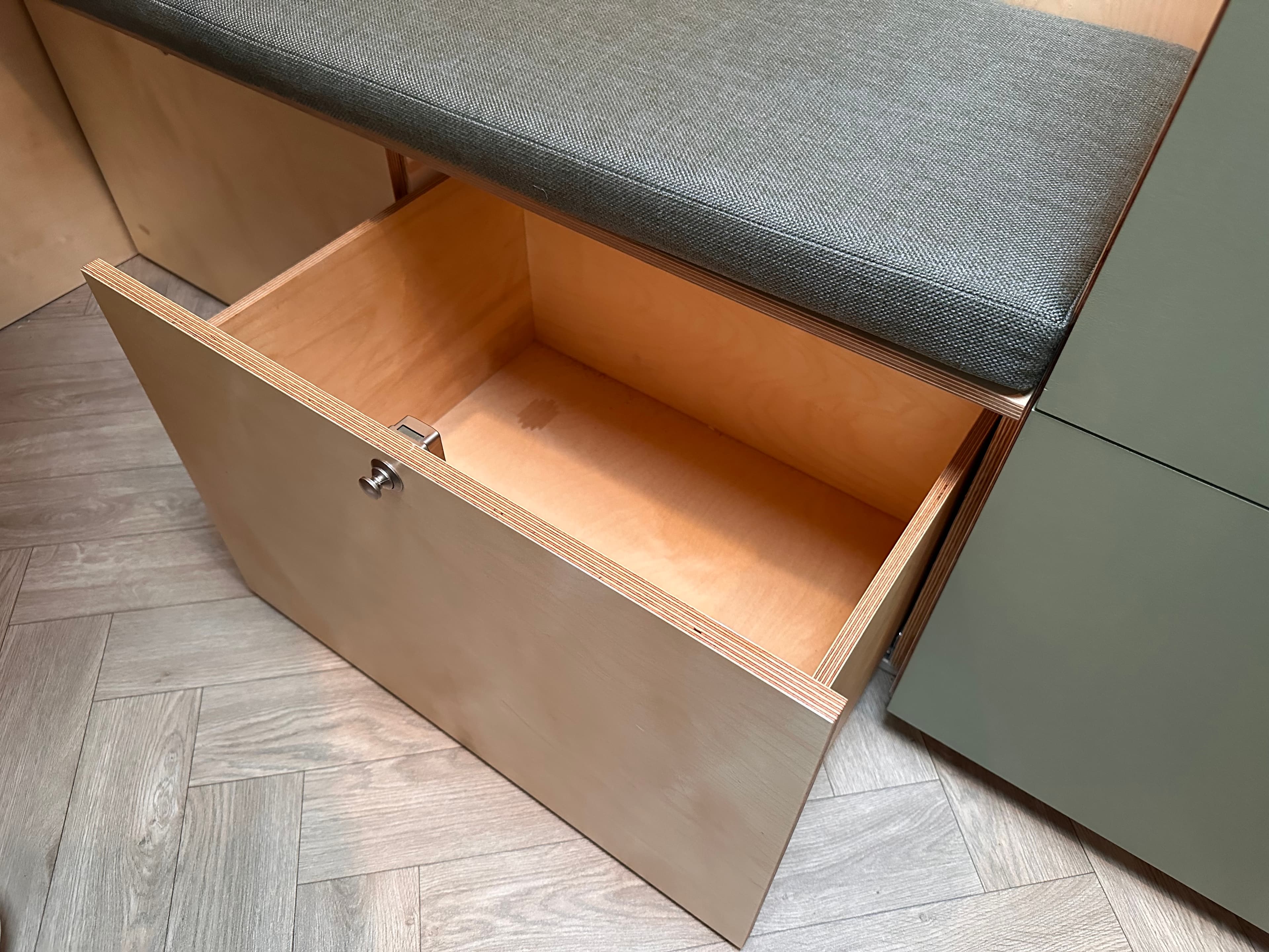 Campervan storage drawer under bench