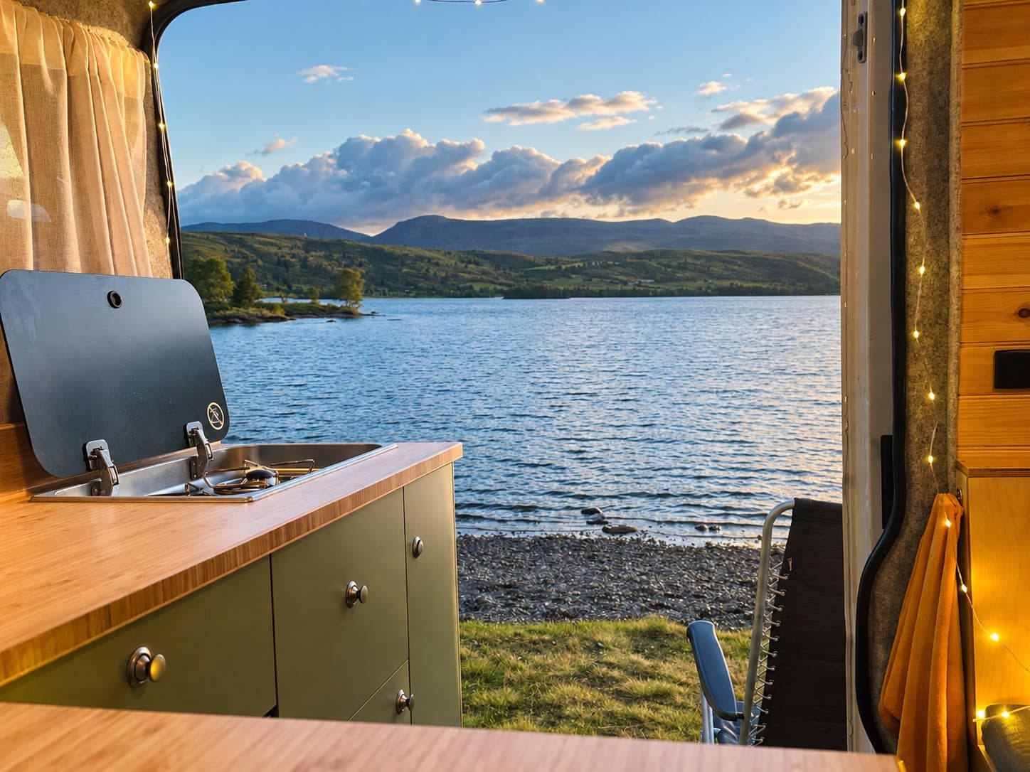 View from the kitchen in the campervan towards a mountain lake at sunset